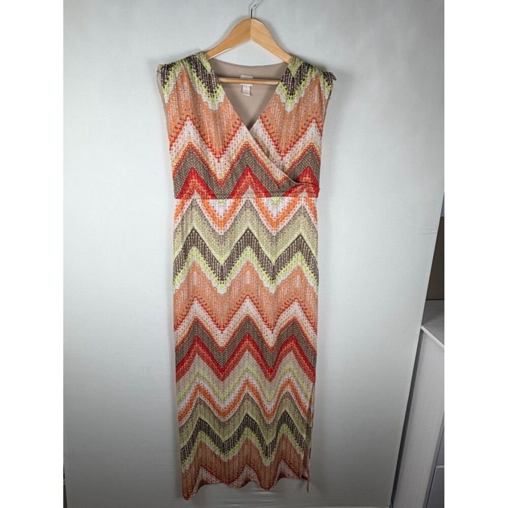 Chico’s Chevron Maxi Dress 1 Orange Tan Brown Sleeveless V Neck Lined Bohemian
